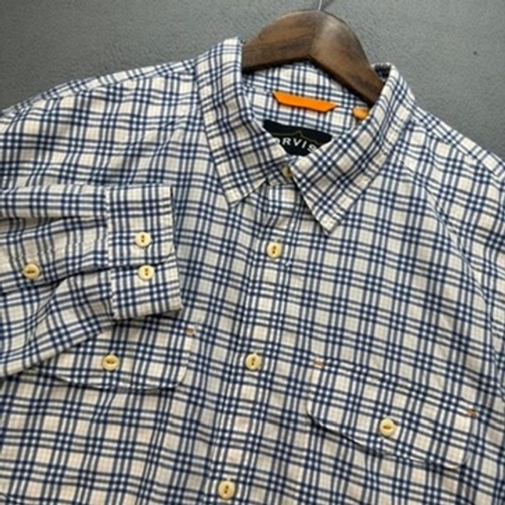 Orvis Plaid Long Sleeve Button Down Shirt Regular XL Blue White Roll Tab Outdoor